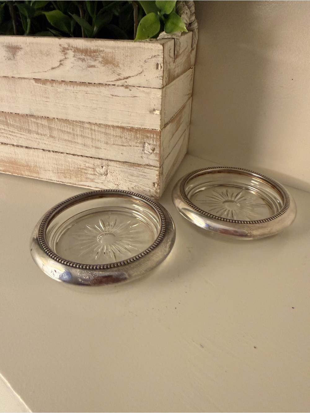 Vintage Leonard Italy Silverplate Glass Coasters Set of 2 Starburst Beaded Rim